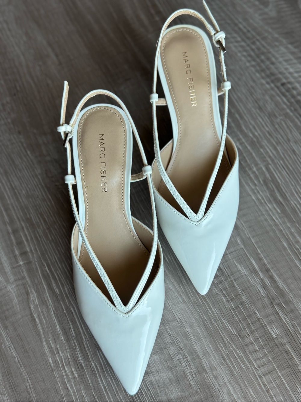 Marc Fisher White Patent Pointed Slingback Heels